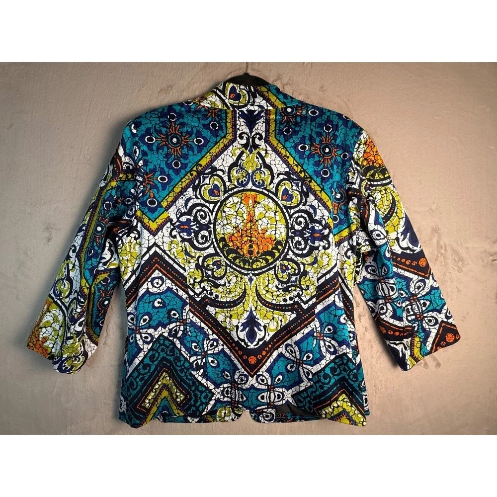 Chico's Batik Geometric Print Blazer Jacket Womens 3 Large Blue Cotton Blend
